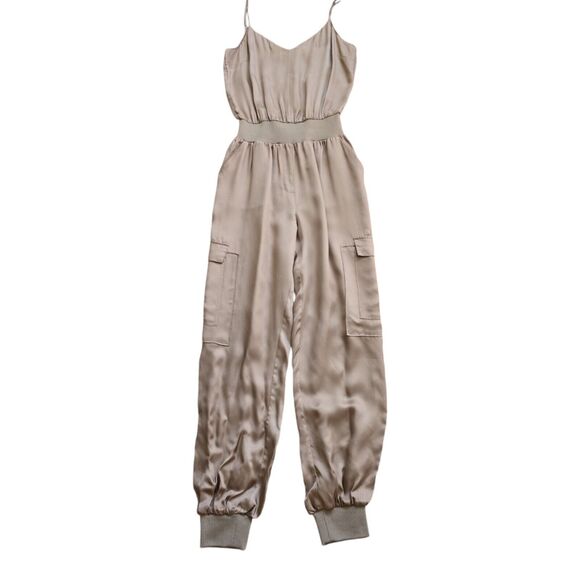 NWT Cinq A Sept Amia Womens V Neck Satin Jogger Jumpsuit Gold Womens Size XS